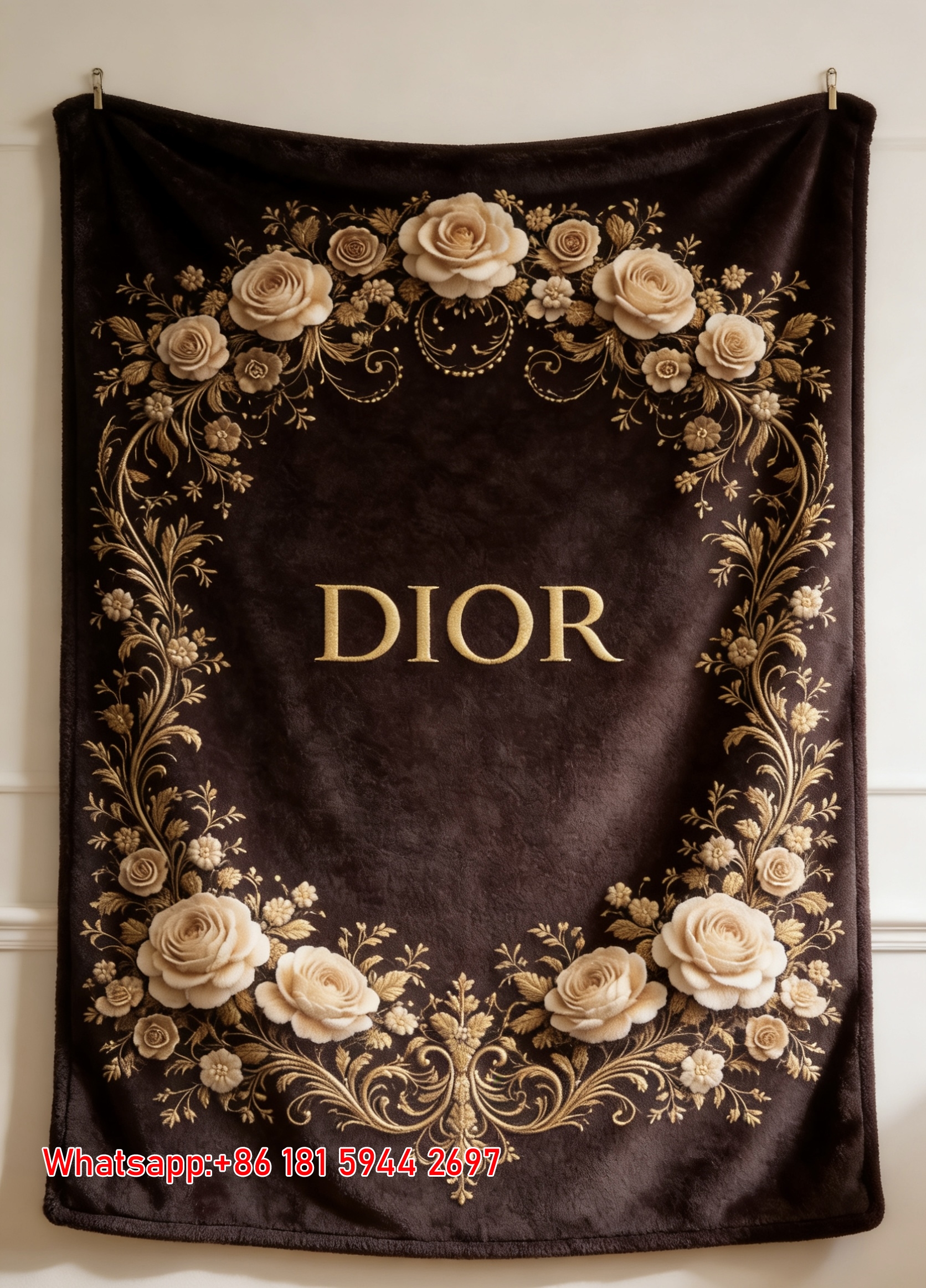 Dior Gold Rose Frame Flannel Blanket Throw Sofa Decor D117